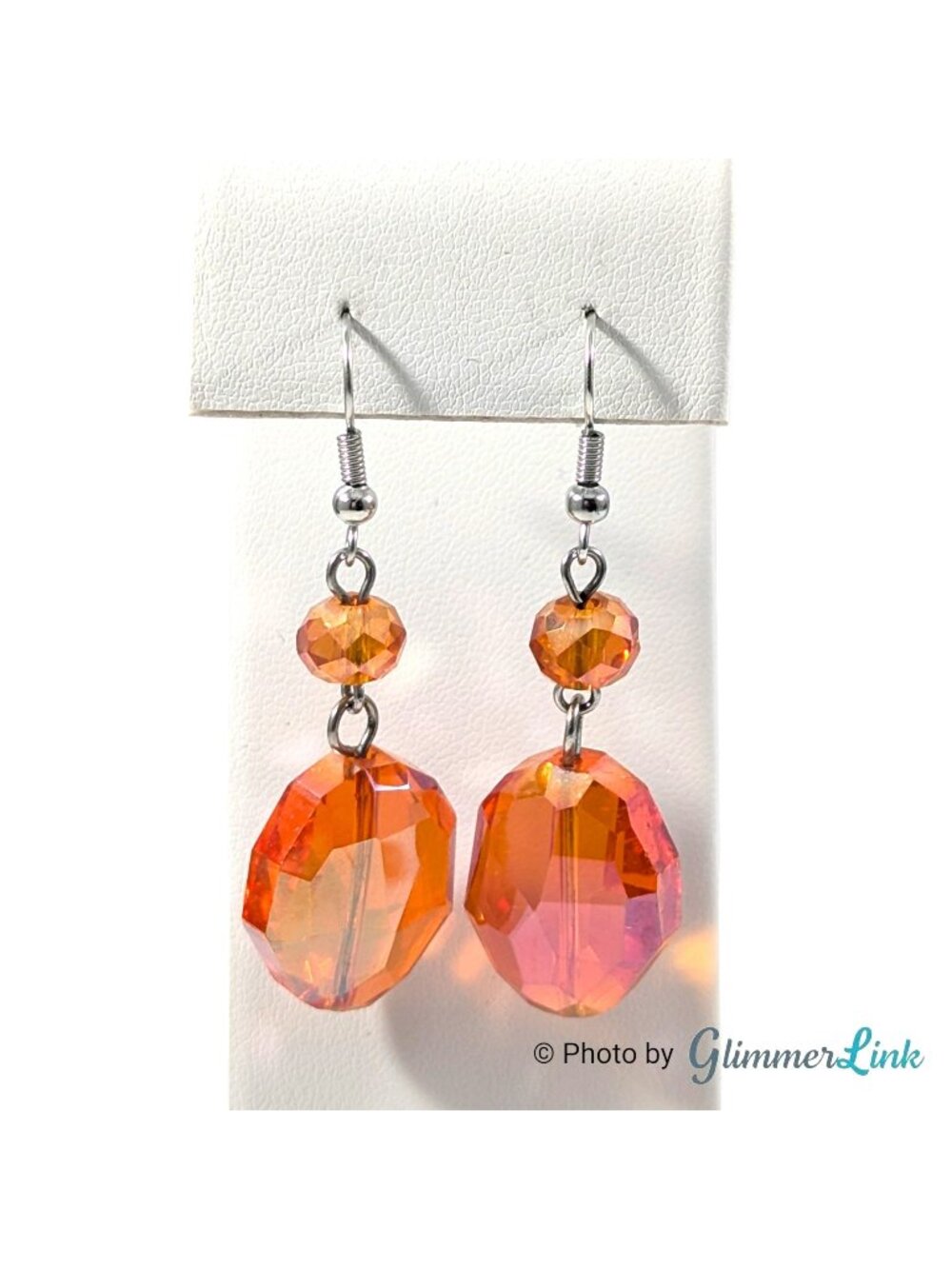Iridescent Orange Faceted Glass Bead Dangle Earrings Silver Tone 2 Inch